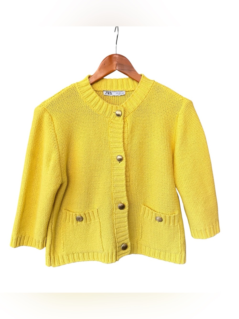 Zara Smooth Knit Yellow Cardigan Gold Buttons 3/4 Sleeve Medium